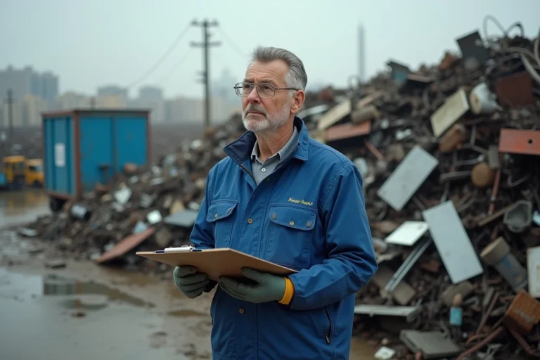 Homme en veste bleue avec gants dans centre de recyclage