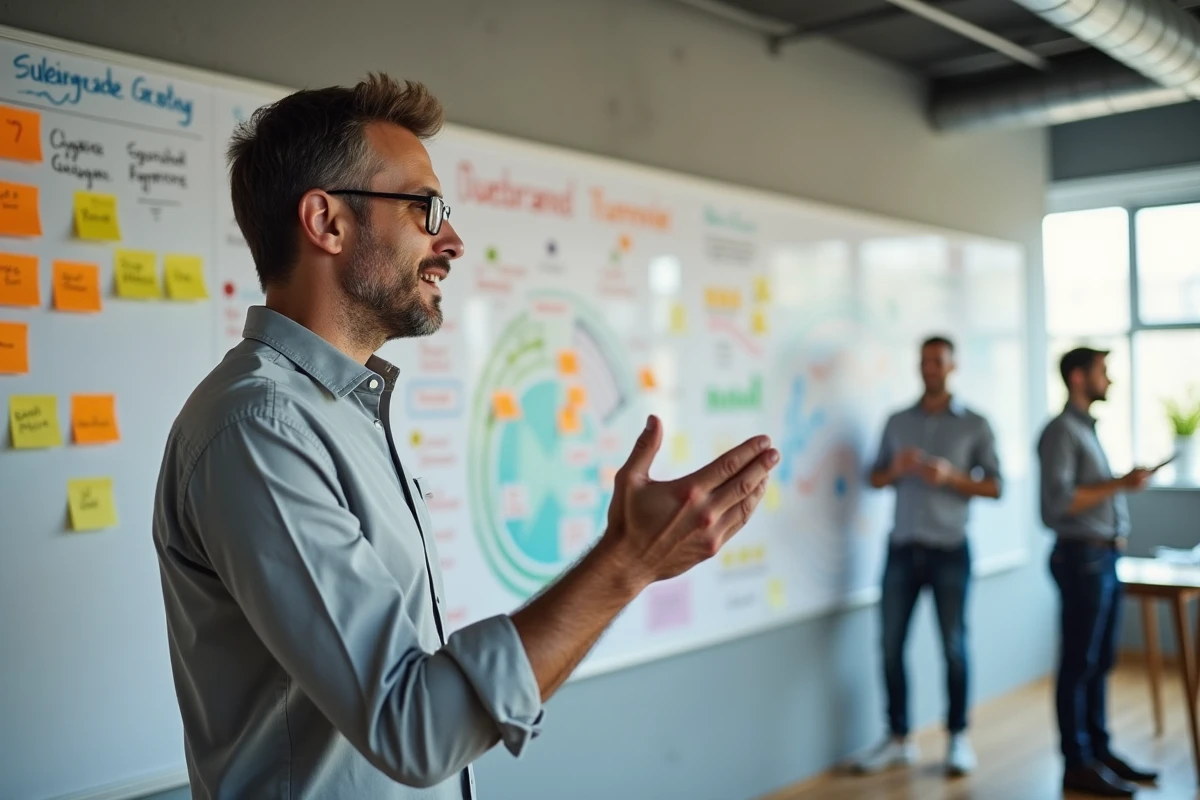 Homme en business casual expliquant une strategie SEO devant un whiteboard