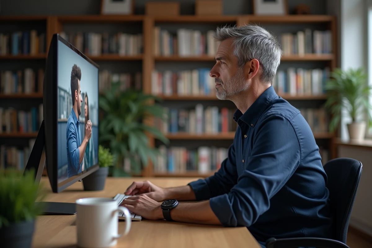 Homme regardant un service de streaming en ligne sur son ordinateur de bureau dans un bureau à domicile bien rangé
