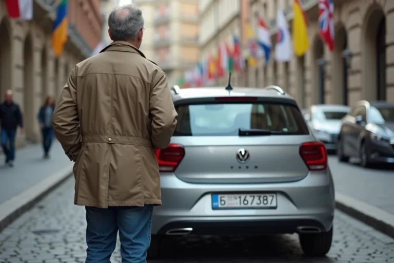 Homme examine la plaque d'immatriculation d'une voiture en ville