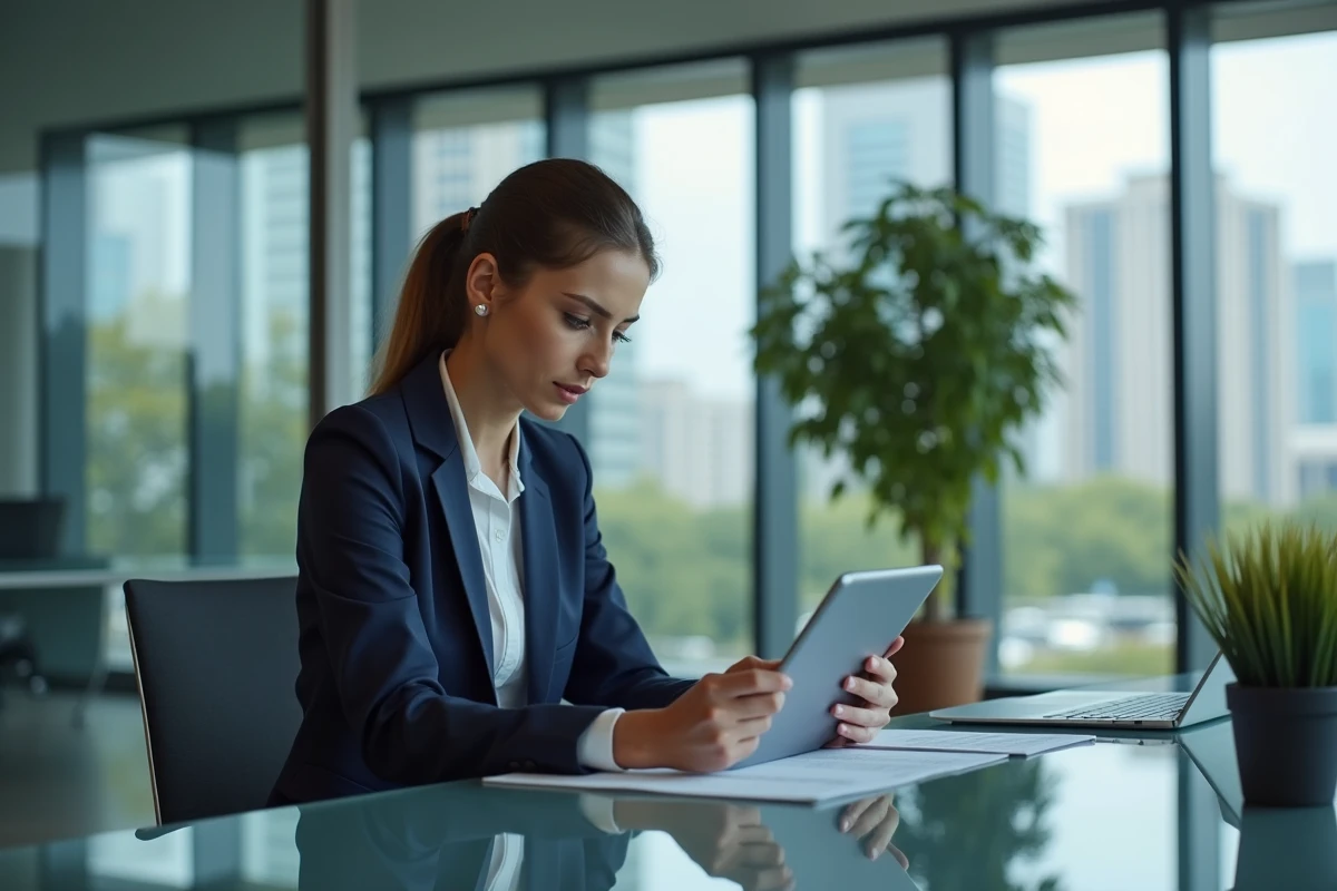 Jeune femme d'affaires consulte des nouvelles sur tablette