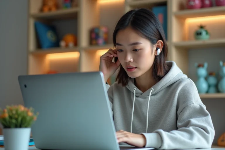 Jeune femme avec écouteurs dans un bureau moderne