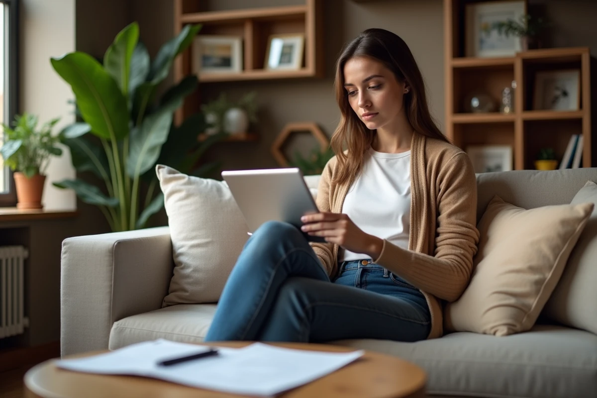 Jeune femme sur canapé utilisant une tablette dans un intérieur chaleureux
