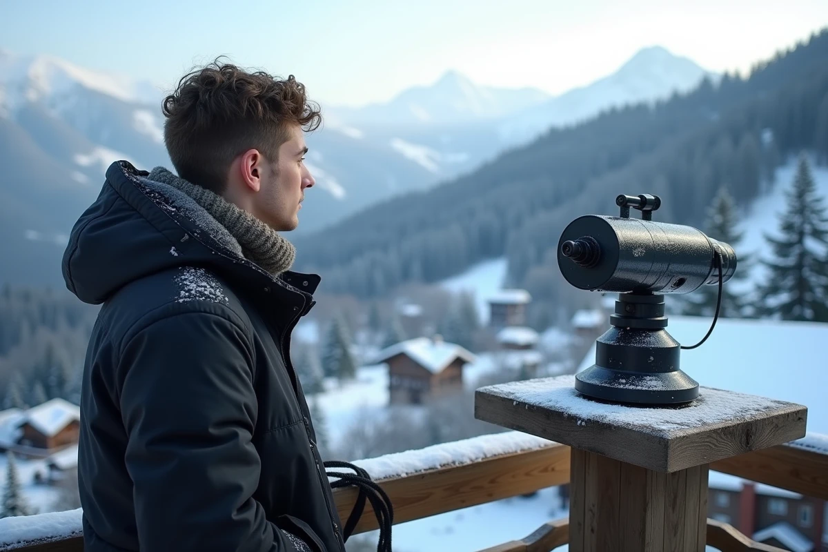 Jeune homme utilisant un télescope sur la plateforme enneigée
