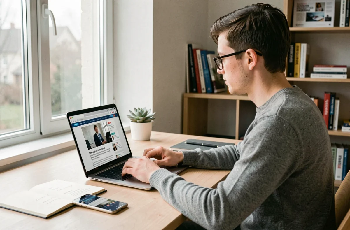 Jeune professionnel travaillant seul sur les tendances du marketing digital depuis un bureau minimaliste à domicile avec un ordinateur portable et des notes
