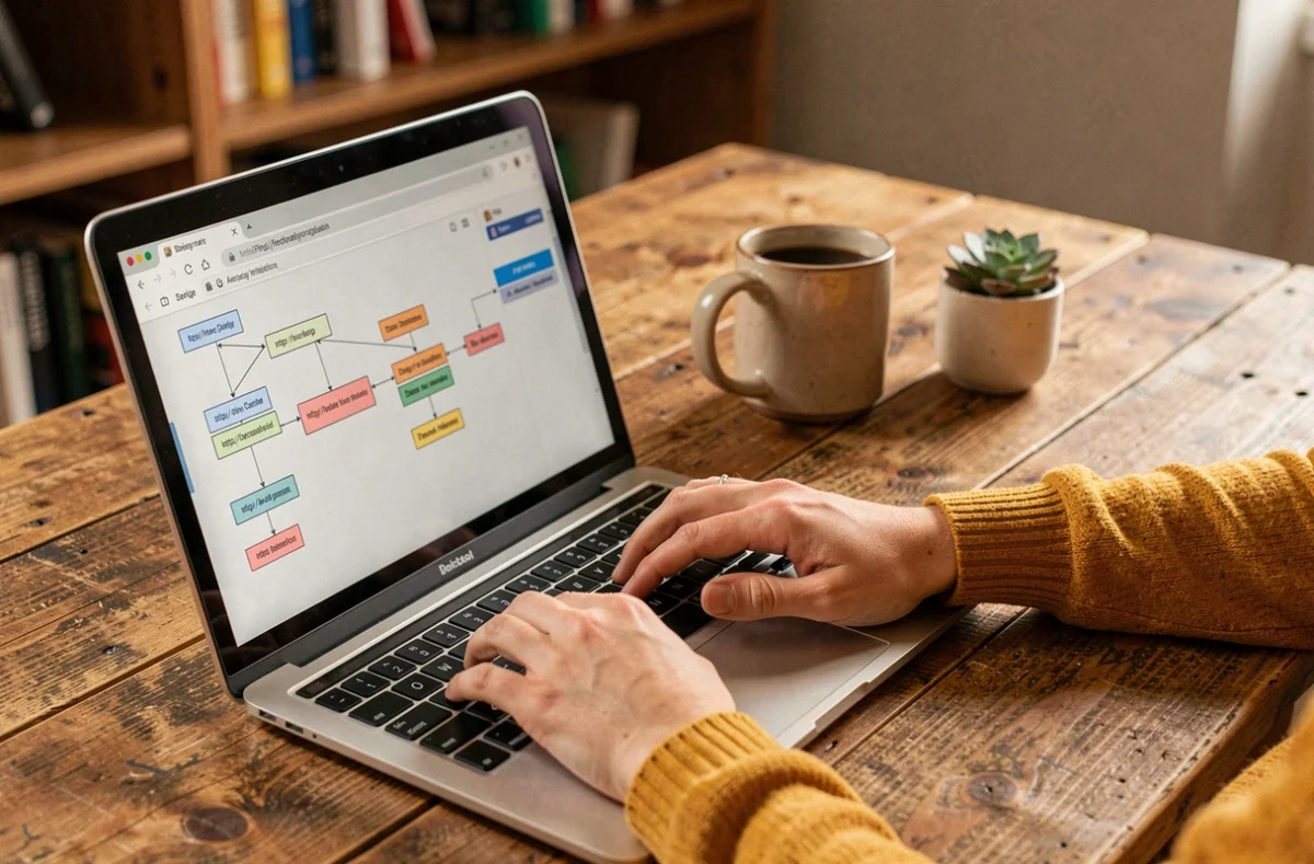 Mains tapant sur un ordinateur portable affichant une structure de sitemap hiérarchique dans un bureau à domicile chaleureux