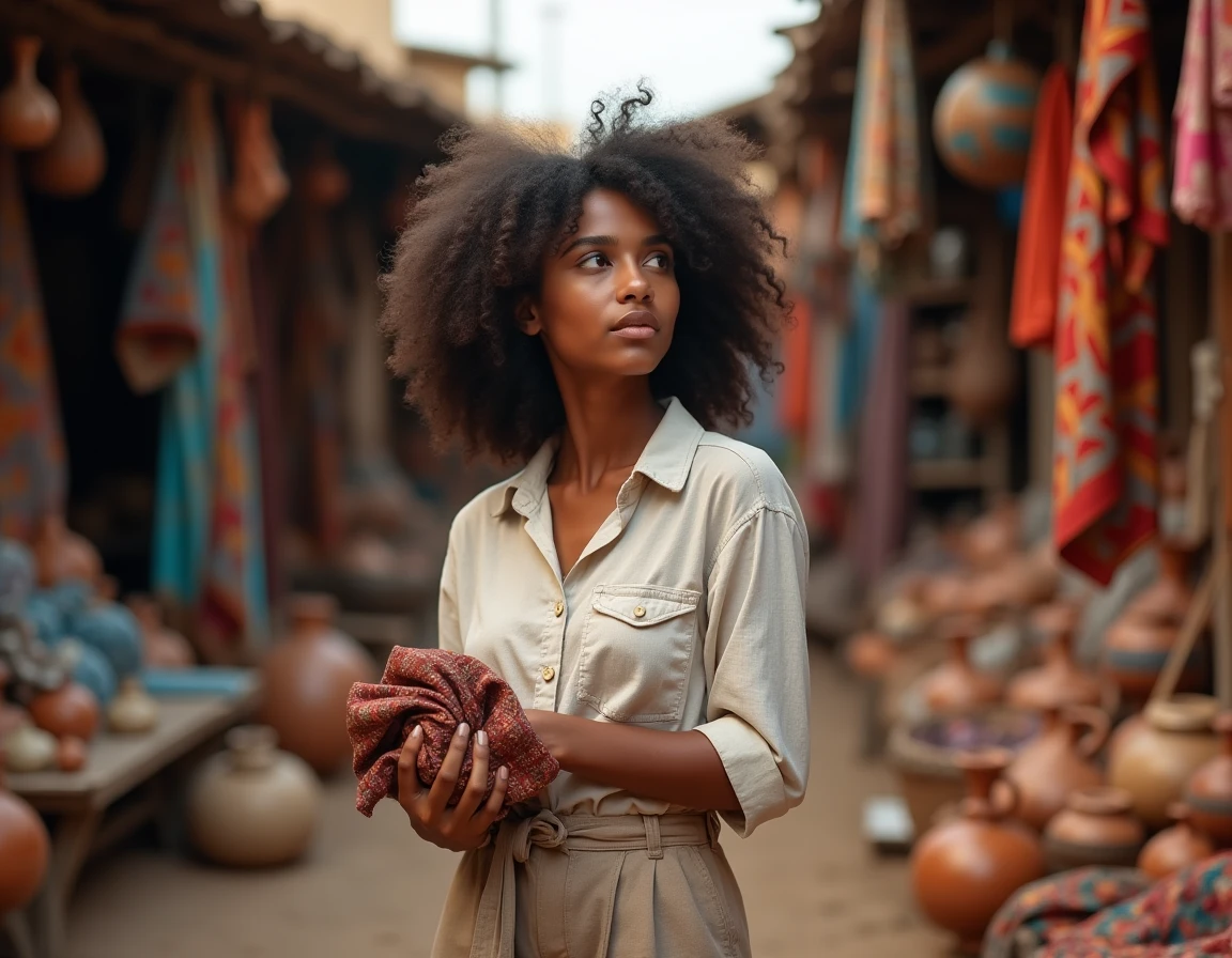 Femme tenant un tissu traditionnel dans un marché culturel animé mêlant artisanat africain et asiatique
