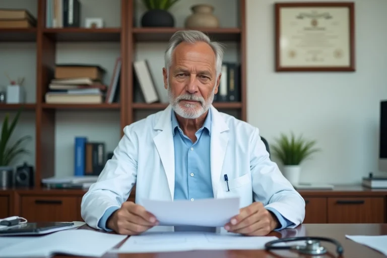 Médecin généraliste examinant des documents médicaux pour délivrer un certificat d'aptitude à la Diagonale des Fous