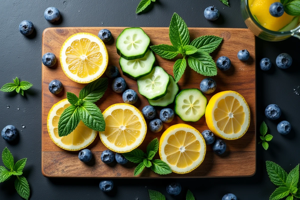 Plateau de fruits détox sur planche en bois, citron concombre myrtille menthe pour purification naturelle du corps