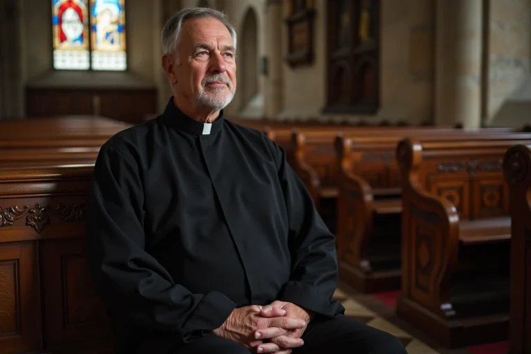 Prêtre catholique en prière dans une vieille église