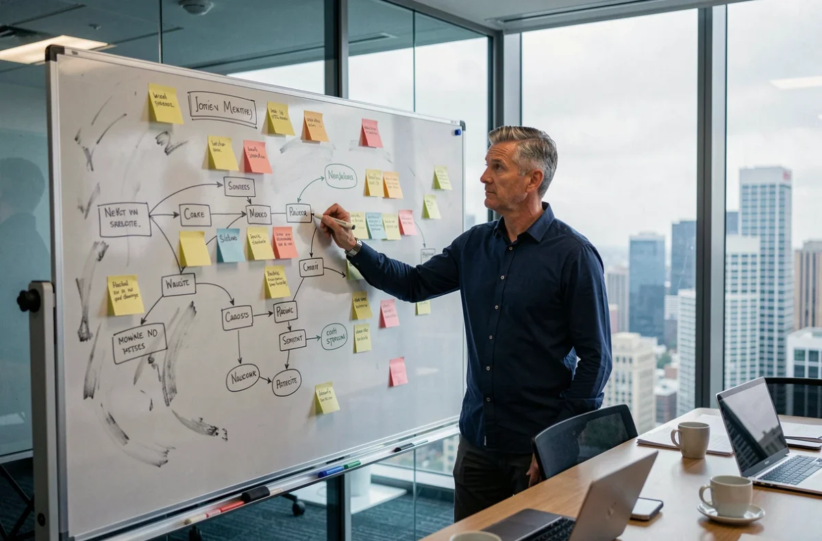 Homme d'affaires présentant une architecture de navigation de site web sur un tableau blanc avec des notes adhésives colorées