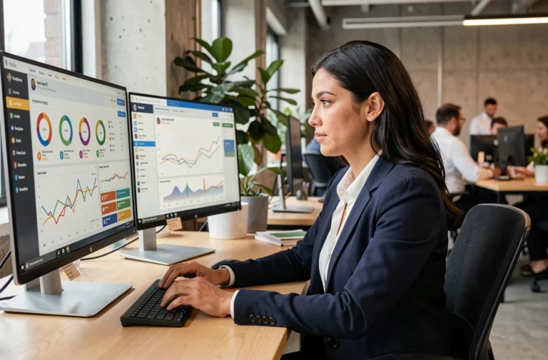 Professionnelle du marketing digital analysant des tableaux de bord analytiques et des tendances sur plusieurs écrans dans un espace de travail moderne