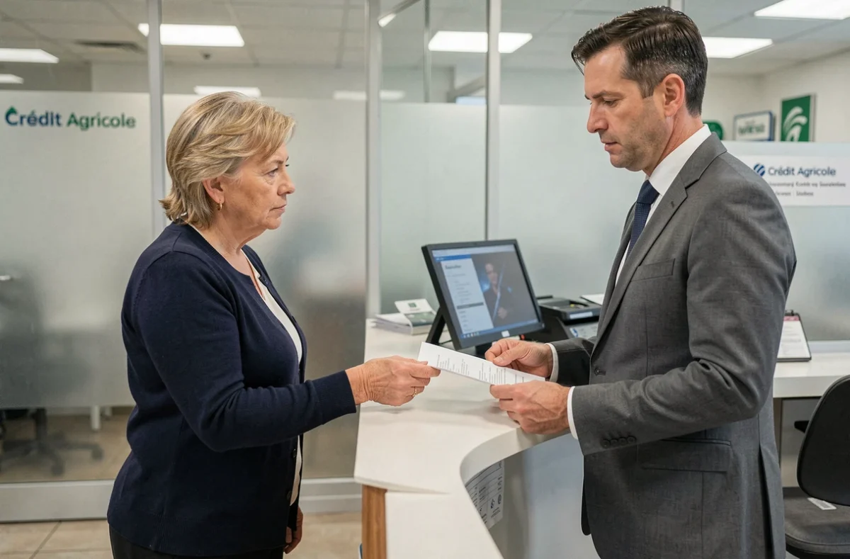 Cliente en agence Crédit Agricole déposant une réclamation pour fraude sur sa carte bancaire