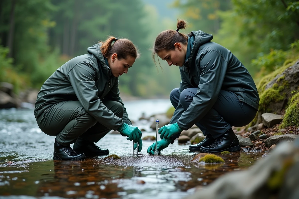 Deux scientifiques prélevant des échantillons d'eau sur le terrain dans un environnement naturel forestier