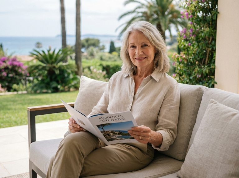 Femme senior élégante lisant une brochure sur une terrasse méditerranéenne
