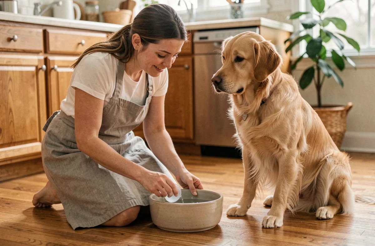 Femme qui remplit le bol d'eau de son chien golden retriever dans une cuisine chaleureuse au quotidien