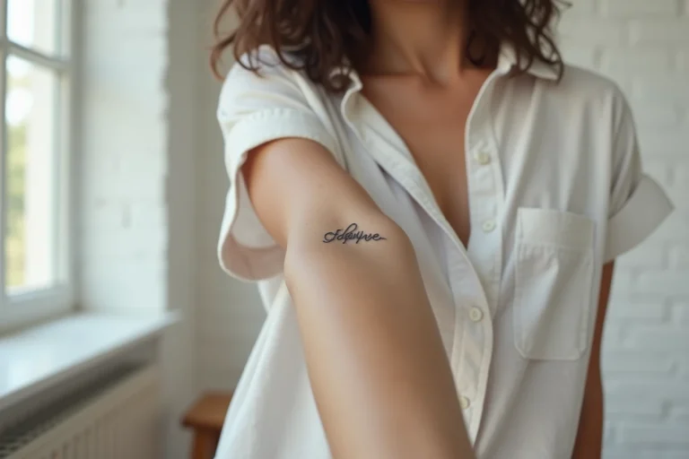 Tatouage prénom en écriture cursive sur l'avant-bras d'une jeune femme, style minimaliste noir