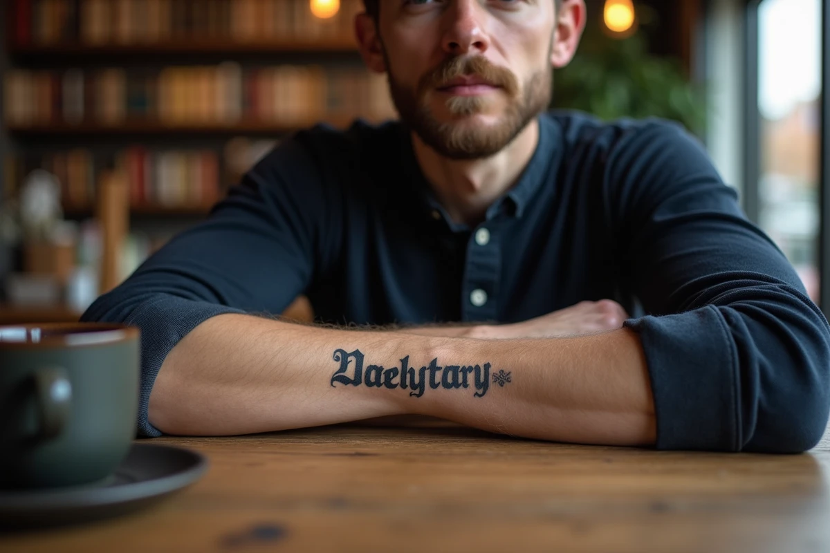 Tatouage prénom en lettres serif sur l'avant-bras d'un homme dans un café, style bold noir