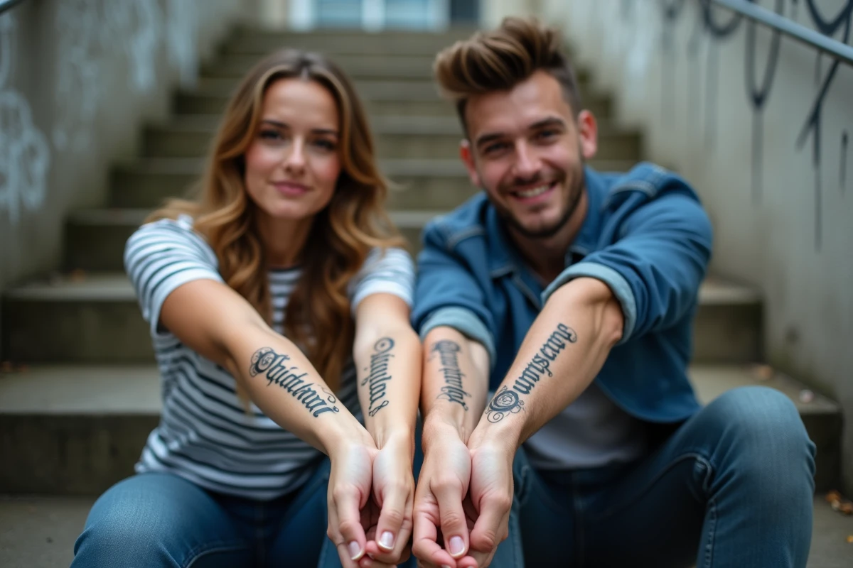 Comparaison de styles de tatouages prénom sur avant-bras, script fin et lettrage gothique, ambiance urbaine
