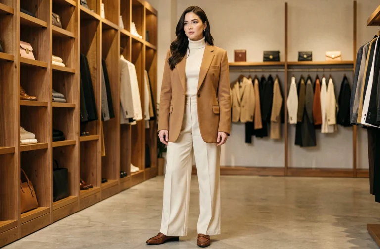Femme élégante portant un blazer camel oversize et un pantalon crème dans une boutique de mode parisienne, style tendance raffiné