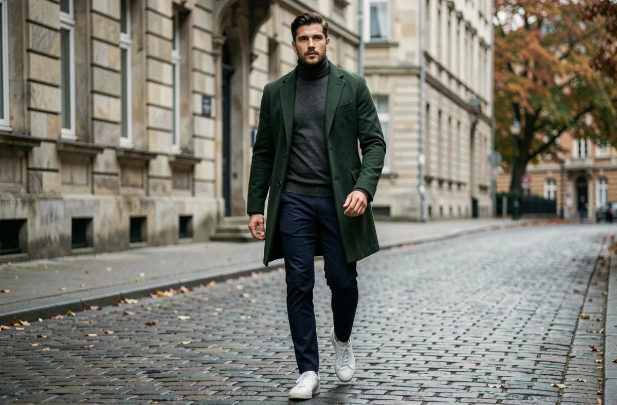 Homme en manteau vert forêt et sneakers blanches marchant dans une rue pavée européenne, look mode automne-hiver tendance