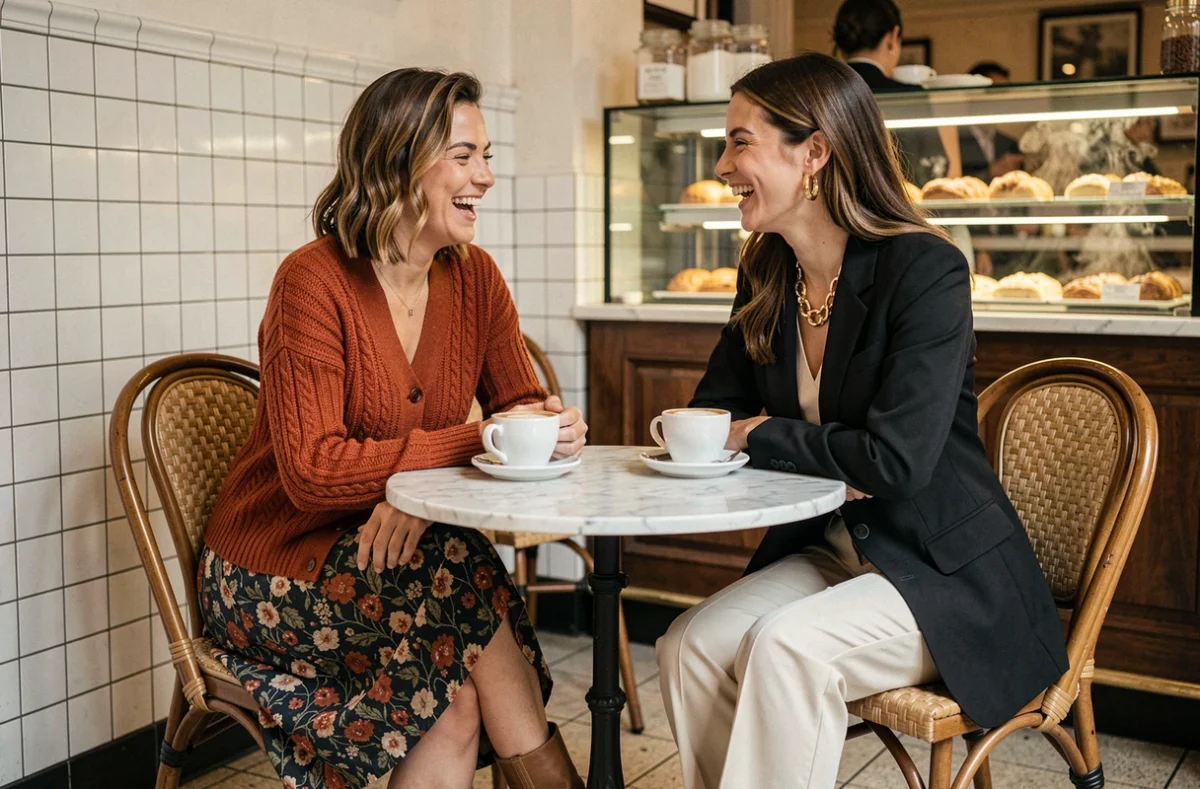 Deux femmes stylées assises dans un café parisien discutant mode, tenues tendances automne 2024 contrastées et complémentaires