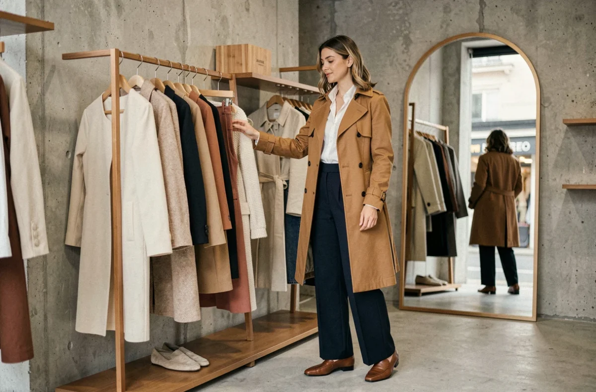 Femme élégante en manteau camel feuilletant des vêtements dans une boutique de mode minimaliste parisienne, tendances mode 2024
