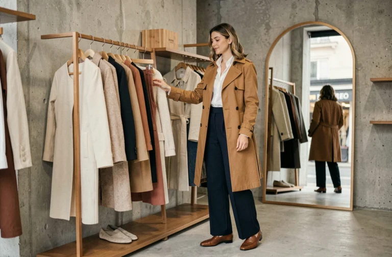 Femme élégante en manteau camel feuilletant des vêtements dans une boutique de mode minimaliste parisienne, tendances mode 2024