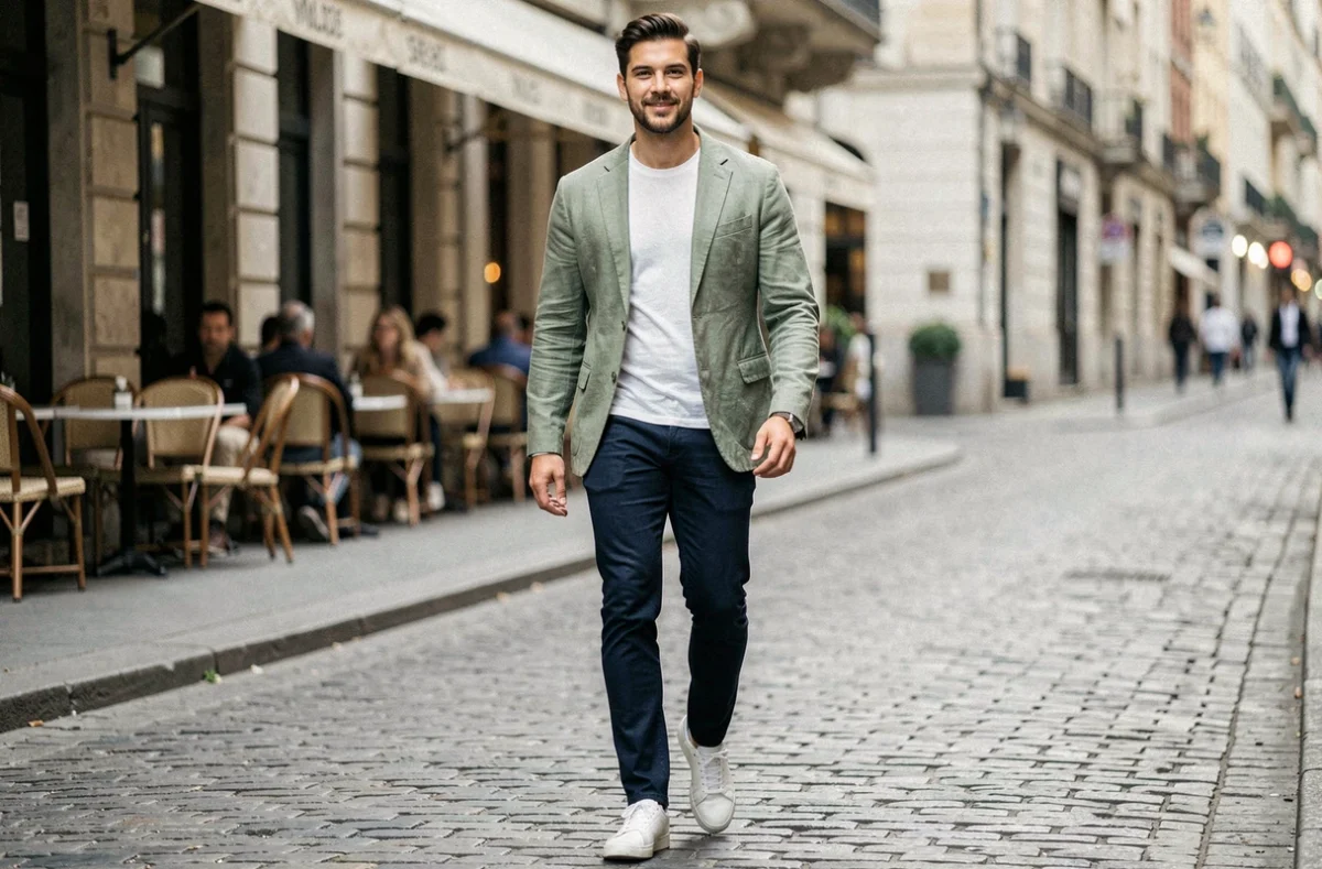 Homme stylé en blazer lin vert sauge marchant dans une rue pavée européenne, style décontracté chic tendances 2024