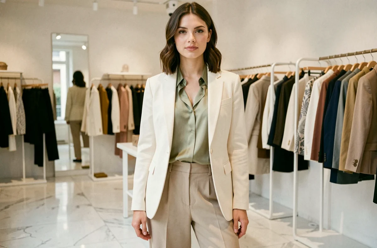 Femme élégante portant un blazer crème structuré et un pantalon taille haute dans une boutique de mode parisienne moderne