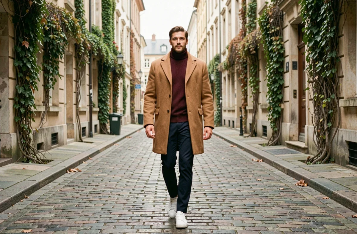Homme tendance en manteau camel oversize marchant sur une rue pavée dans un quartier européen chic en automne