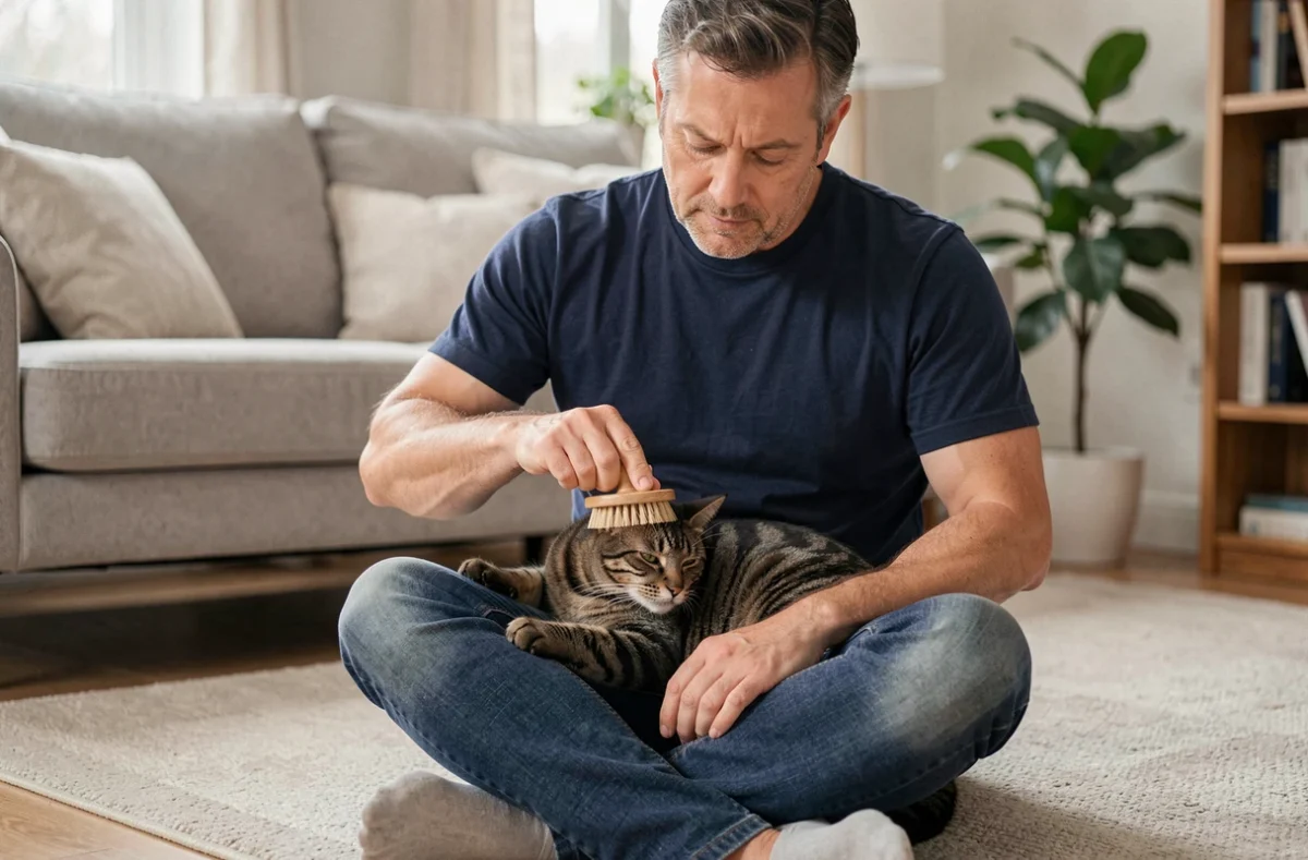 Homme qui brosse son chat tigré avec une brosse de toilettage dans un salon confortable