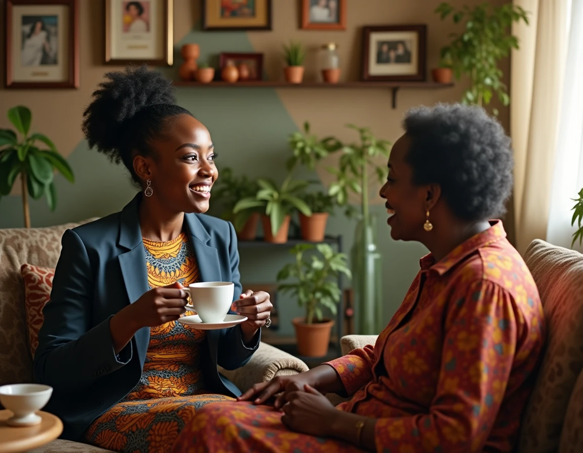 Jeune femme discutant avec une aînée dans un salon familial décoré d'objets culturels symbolisant les racines et la transmission